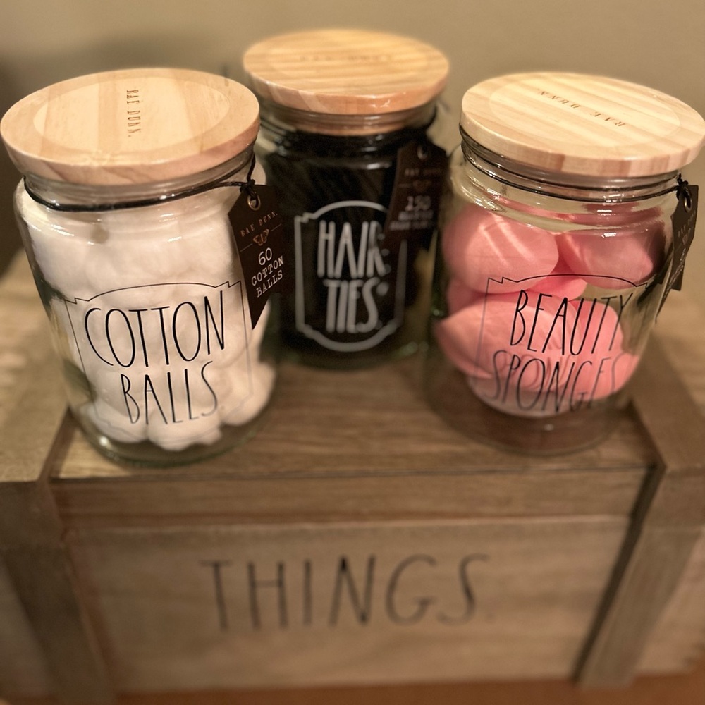 Rae Dunn set of 3 canisters. Cotton balls, hair ties & beauty sponges - Picture 2 of 3